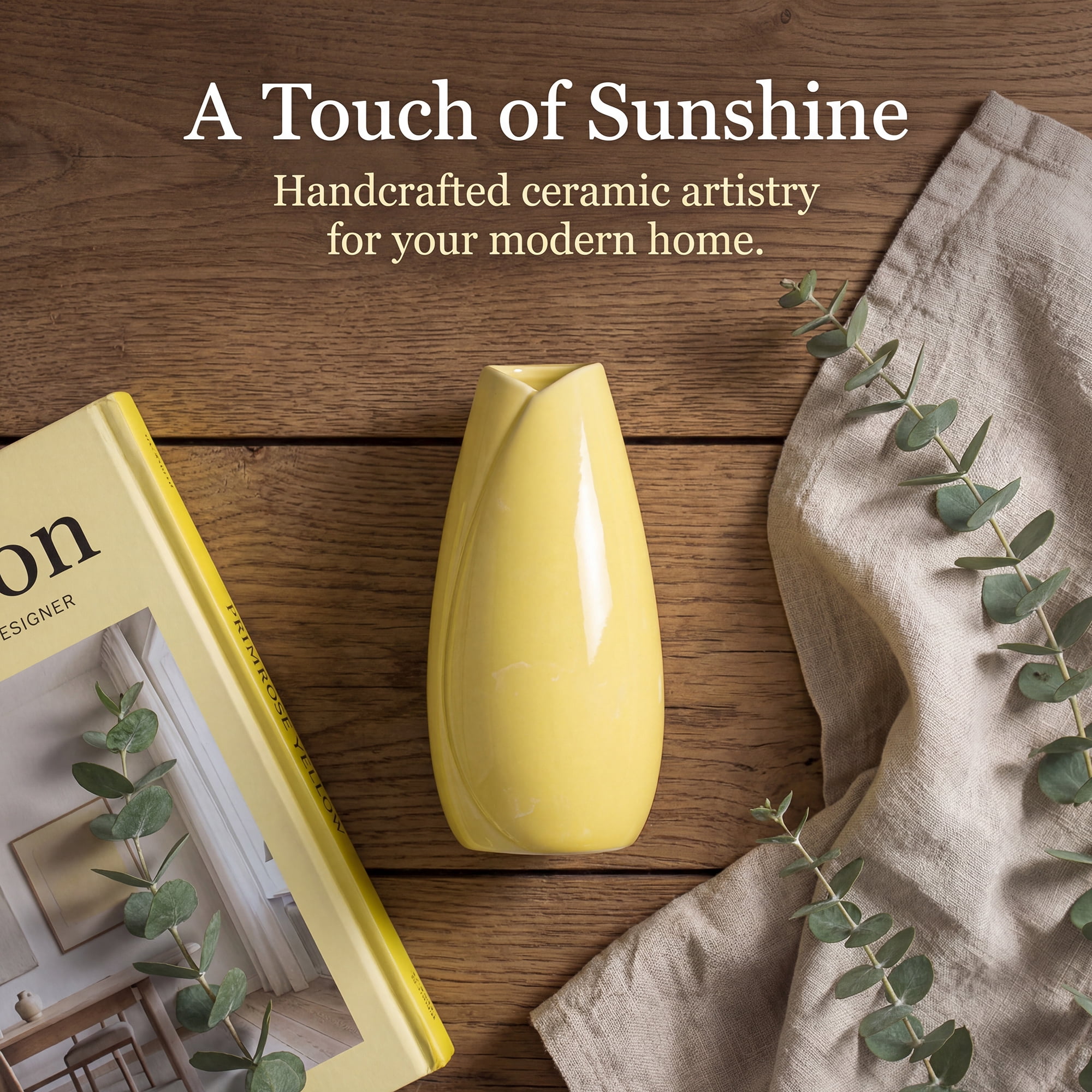 Unique Bargains Modern Matte Ribbed Decorative Flower Vase for Desktop & Bathroom Yellow