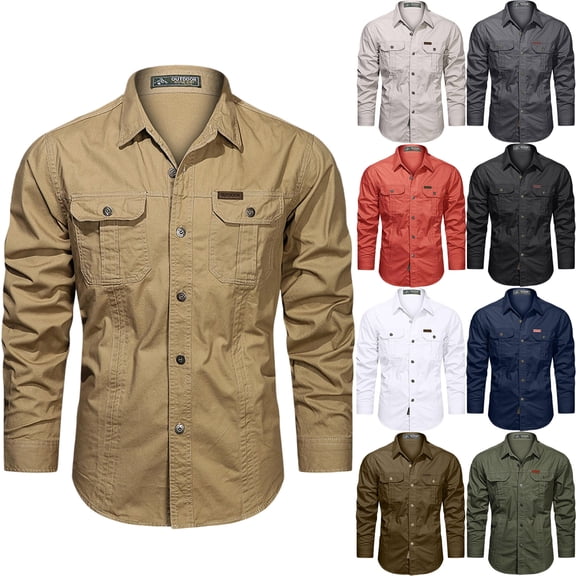 Men's Dual Chest Pocket Long Sleeve Tactical Cargo Shirts Lightweight Cooling UPF 50 Sun Protection Button Down Lapel Collar Breathable Work Tops