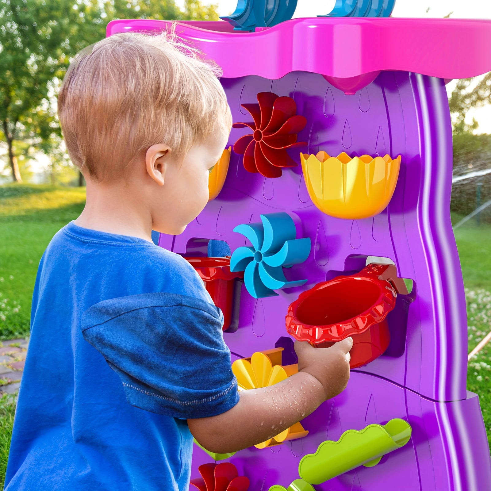 Kids Waterfall Water Table Play Set -Purple- Double-Sided Waterfall Discovery Wall, With Shovels, Buckets, Sea Creatures for Outdoor Backyard Beach Sensory Play, Gift for Boys Girls Age 3+