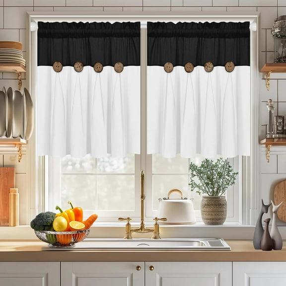 Alishomtll Farmhouse White Solid Print Rustic Rod Pocket Light Filtering Curtain Set, 26" x 24" (2 Panels),Black White
