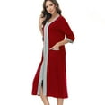 thumbnail image 2 of Defitshape Women's 3/4 Sleeve Robe House Coat Zipper Bathrobes Full Zip Home Baggy Knit Basic Nursing Housecoat Duster Robe Pocket Burgundy 10-12, 2 of 5