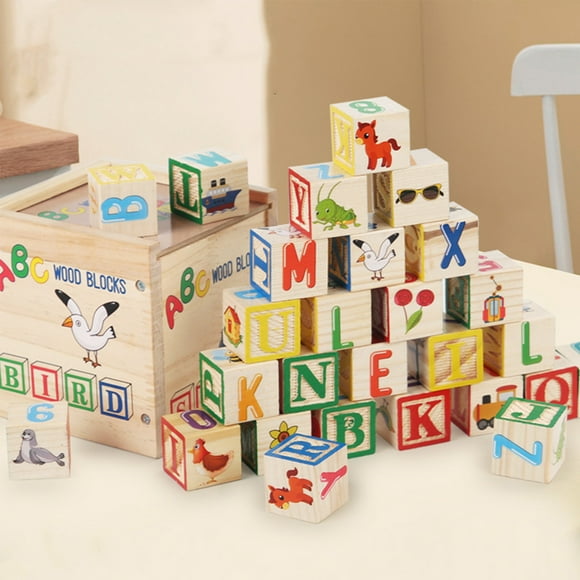 Wooden Building Block Set, 27-Piece Alphabet Number Double-Sided Prints Storage Box Included, Educational Learning Activities Decor for Home Preschool Travel Play Festive Learning Gatherings