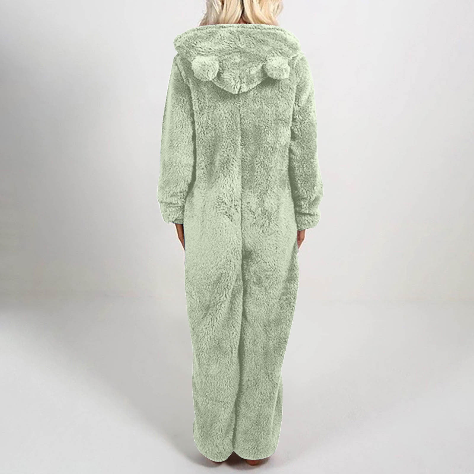 QATAINLAV Sherpa Jumpsuits for Women Fuzzy Onesies Pajamas Long Sleeve Adult Cat Ears Hooded Rompers Sleepwear Warm Plush One Piece Pants Army Green M