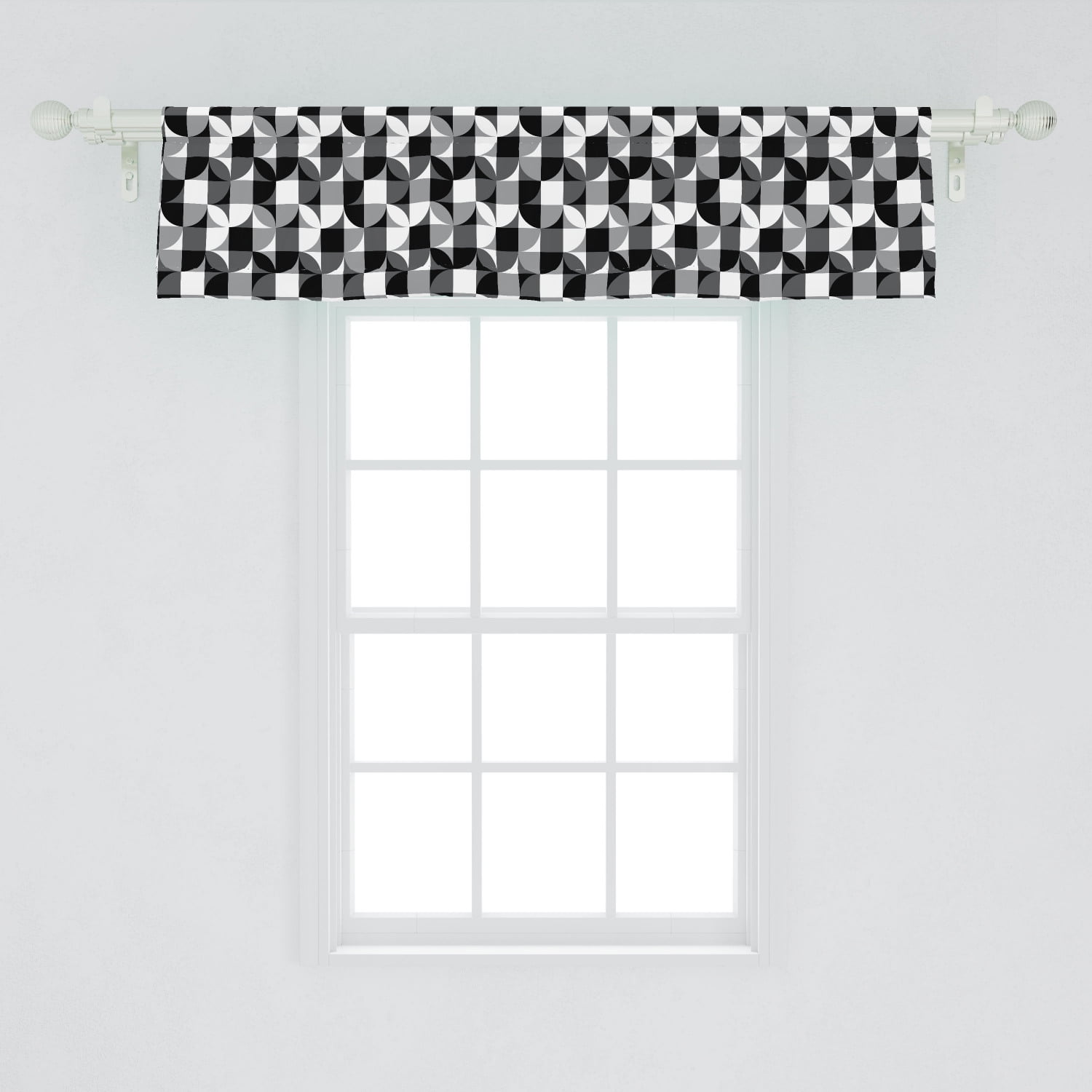 Black and Grey Window Valance, Checkered Squares Pattern Circular