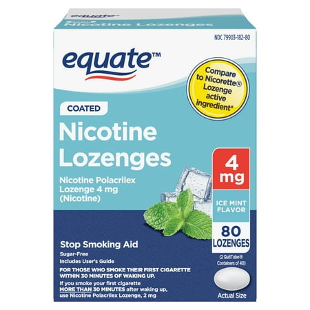 Equate Nicotine Lozenge 4 mg, Stop Smoking Aid, Ice Mint Flavor, Coated, 80 Count