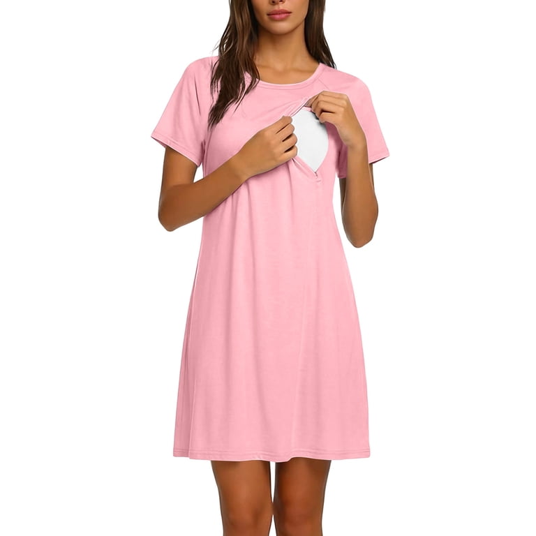 postpartum casual dresses Mifsaly Nursing Breastfeeding Crewneck Short Sleeve Maternity Dress Soft Breathable Summer Hospital Gowns with Hidden Zipper Pink,L Christmas_Shirt Color:Navy/Pearl KissProm Blush A-Line Sweetheart Breastfeeding outfits