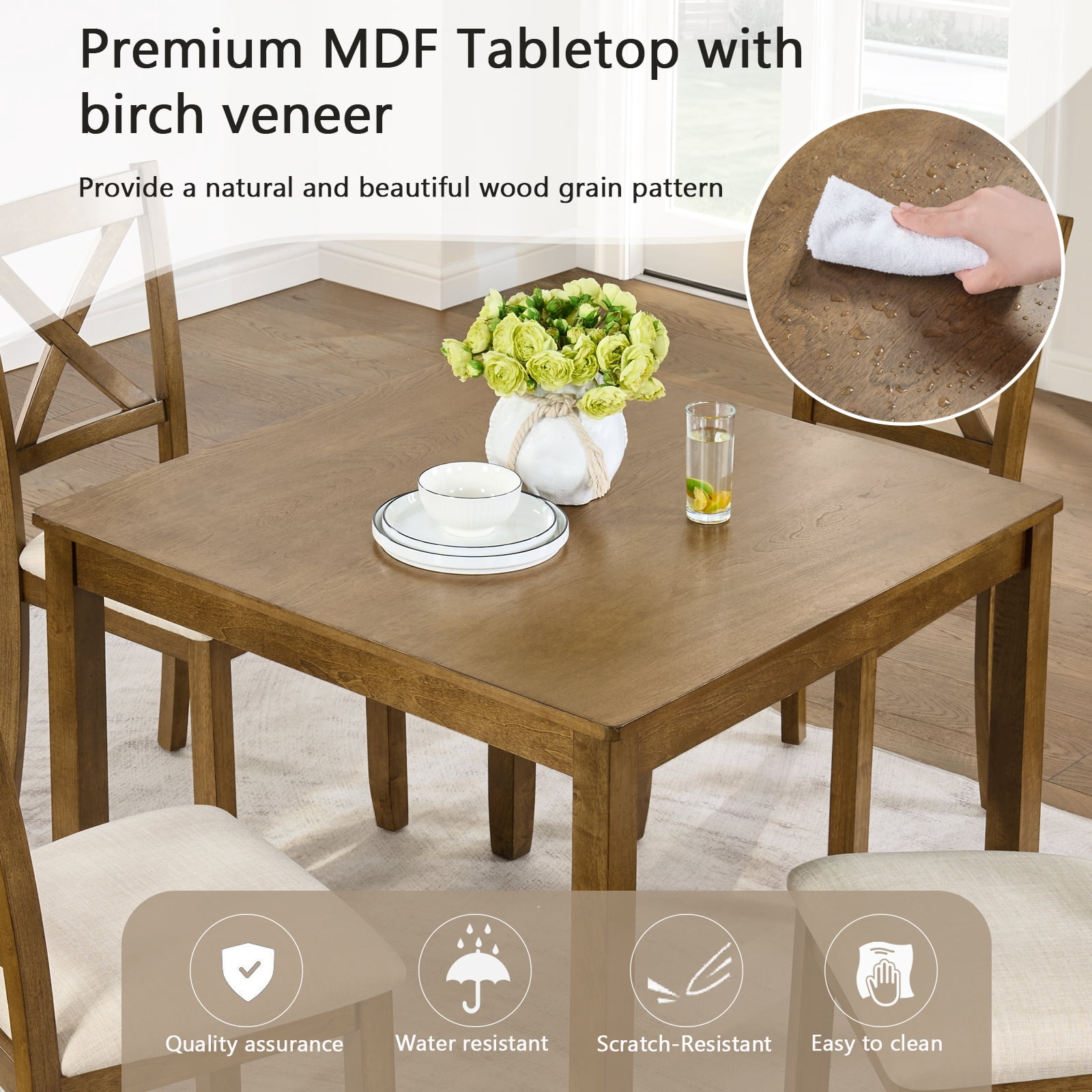 5-Piece Dining Table Set for 4, Square Dining Table with 4 Upholstered Chairs