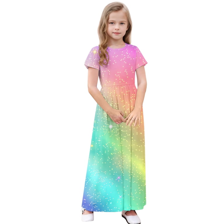 gienakse Girls Printed Maxi Dress, Short Sleeve Casual Beach Sundress with Pockets, Summer A Line Flowy Long Dresses Kids Hoodie Dress 5Y, Girl's,