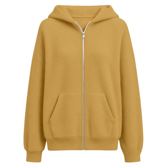 Yigetop Women's Knit Long Sleeve Hooded Sweater Zip up Loose Coat Lightweight Versatile Spring Autumn Winter Casual Tops Gold L