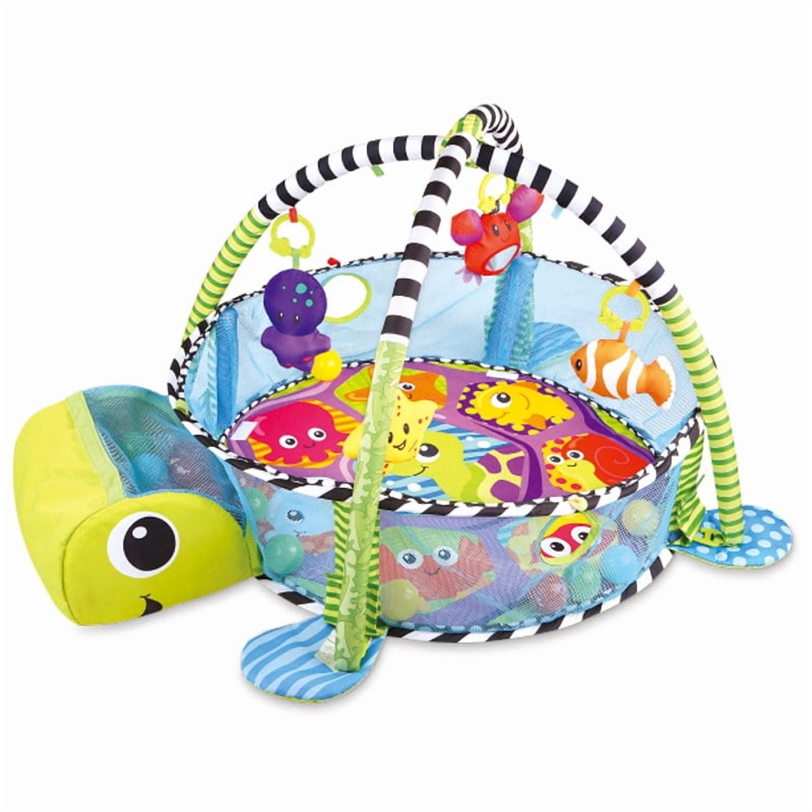 Cochildor Baby Play Gym Mat, 4 in 1 Turtle Tummy Time Activity Mat for Babies, with 30 Balls & 4 Detachable Sound Toys, Newborn Gift for Toddler Infants Age 0-36 Months