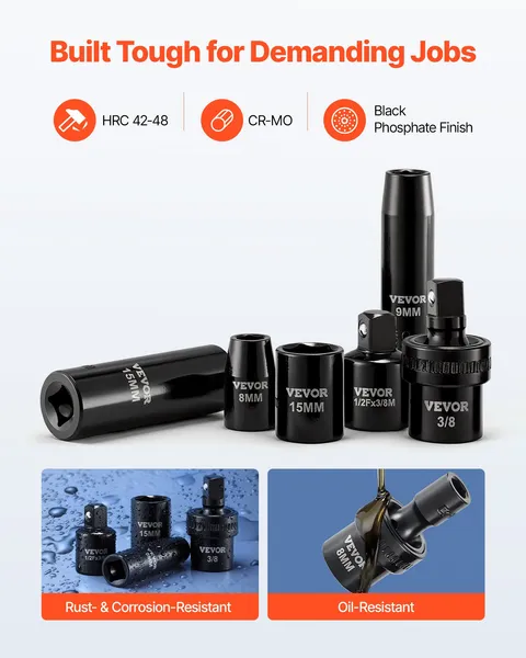 3/8 Inch Drive 67 Piece Impact Socket Set SAE 5/16 to 3/4 Inch Metric 8 to 19 mm 6 Point Shallow Deep Swivel Sockets Adapters Cr-V Cr-Mo Steel Carrying Case