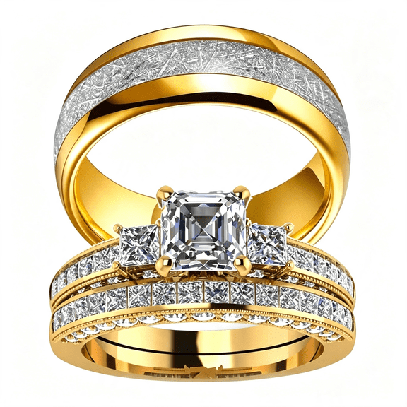 DESIGNICE Couple Ring Bridal Set His and Hers Women 10K Yellow Gold Filled Square Cz Men Stainless Steel Band Wedding Ring Band Set 10K Gold Ring