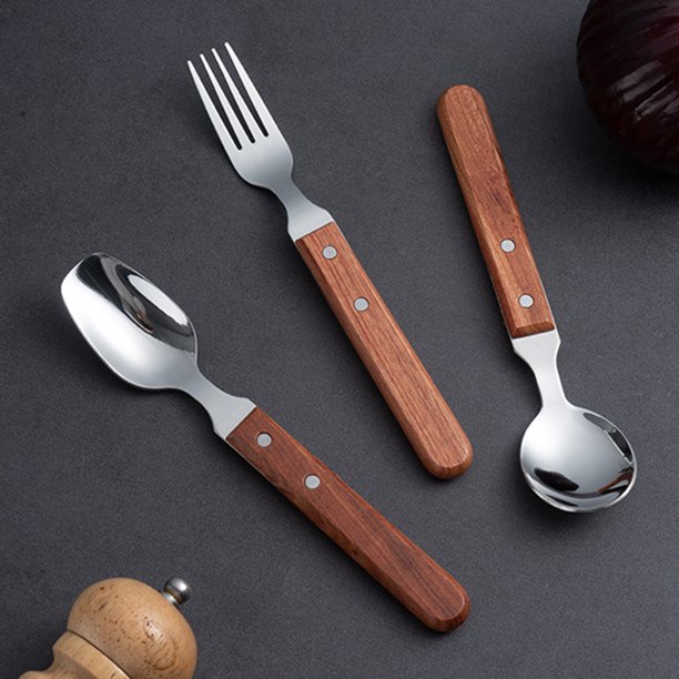 Juego de cubiertos de Metal de 3 uds, juego de cubiertos para cena de acero inoxidable con mango de madera, reutilizable