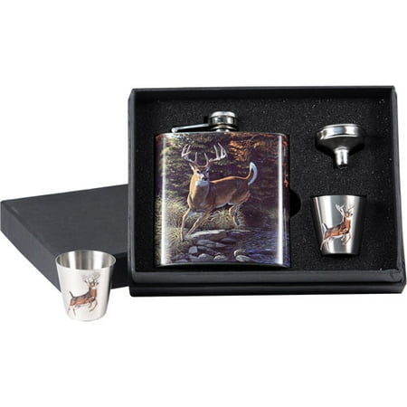 Rivers Edge Products Stainless Steel Flask/Shot Glass Gift Set, Deer Art