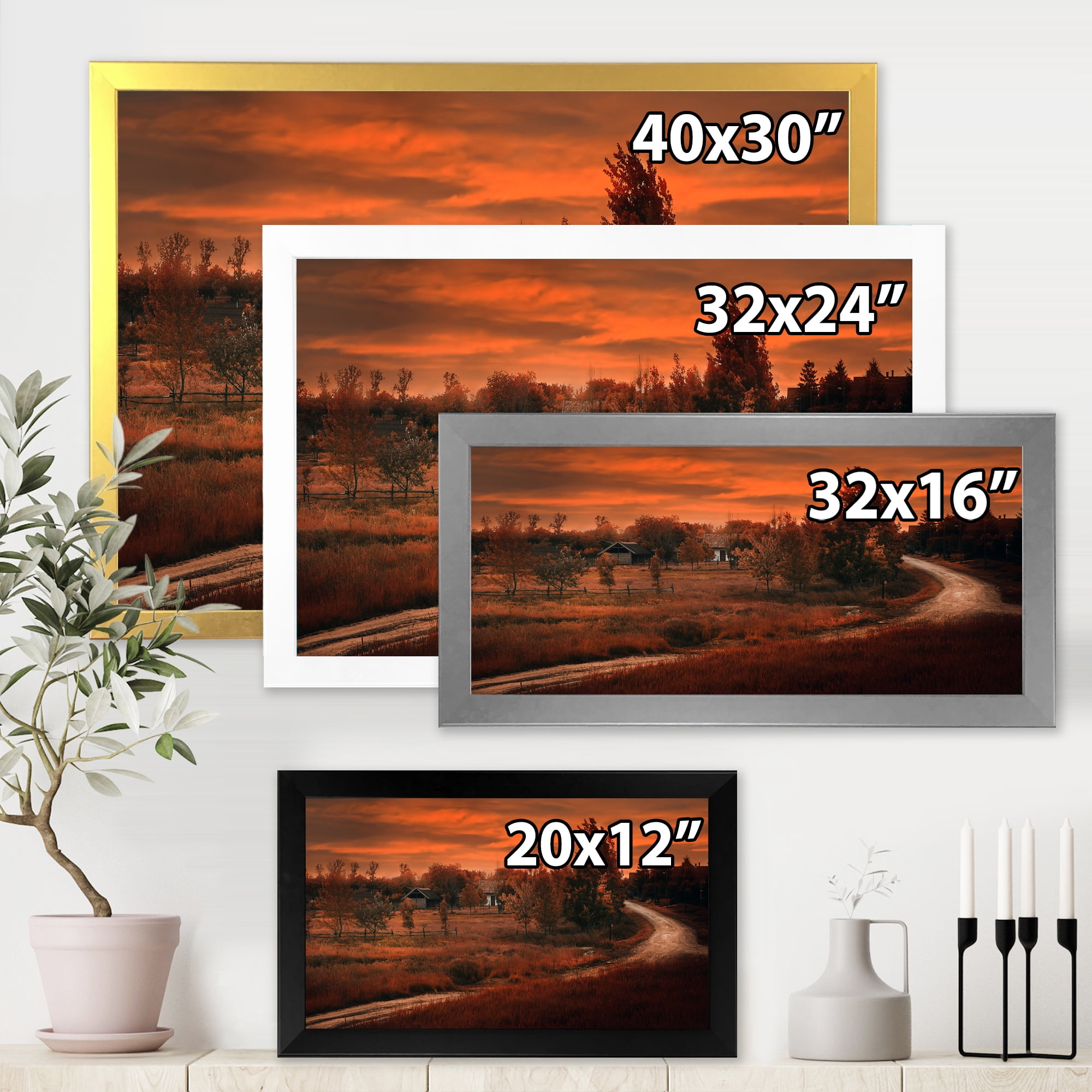 Designart 'The Road By The Farm In Dark Pink Sunset' Farmhouse Framed Art Print
