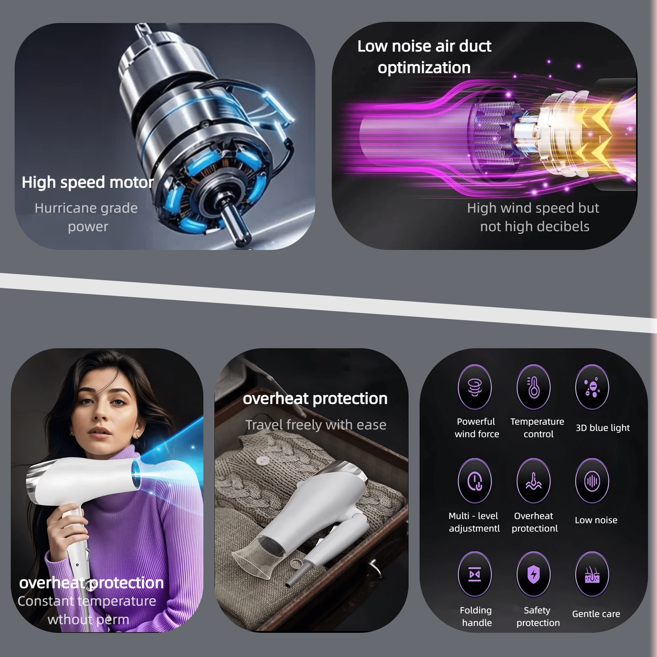 Foldable Hair Dryer with 8 Accessories | Compact Design for Home & Travel | Fast Drying Gift Set for Women/Men，White