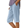 thumbnail image 2 of Huankd Bermuda Shorts For Women Linen Shorts Knee Length Elastic Waist Long Shorts Casual Summer Shorts Petite Capri Pants Dressy Beach Comfy Pull On Shorts With Pockets Light Blue L, 2 of 5