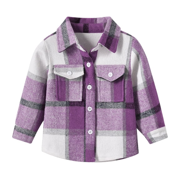 QUYUON Toddler Flannel Shirt Jackets Fall Winter Long Sleeve Collared Plaid Shirt Kids Girls Boys Open Front Button-Down Cardigan Jackets with Pockets Kids Winter Coats Q-7-Purple 5T-6T
