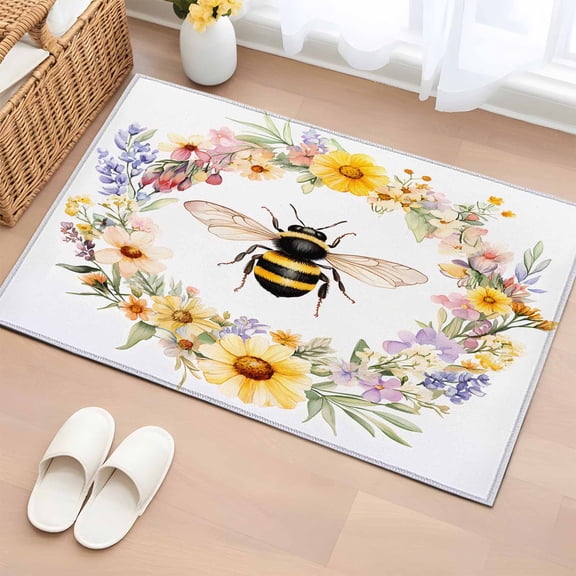 Spring Bee Wreath Bathroom Rug Washable 2x3 Entryway Rug Non Slip Rustic Watercolor Flowers Front Door Mat Low Pile Indoor Doormat Throw Floor Carpet for Kitchen Bedroom Entrance