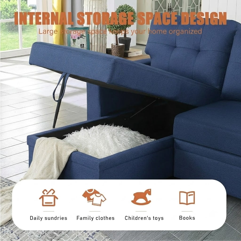 Howcool 82" Convertible Sleeper Sofa Bed, Pull-Out Couch with Reversible Storage Chaise, L-Shaped Sectional Couch with USB Charging, Linen Fabric Sofa for Small Living Room Apartment,Blue