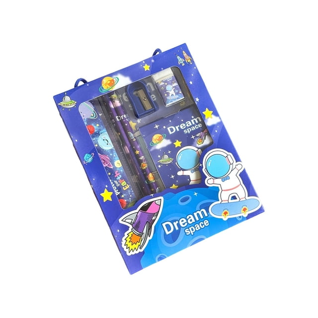 B 6 Pc Student Stationery Set Back To School Supplies For Kids Kindergarten Class Reward With Pencil Eraser Sharpener Ruler Notebook 7.1X5.5X0.6 Inches