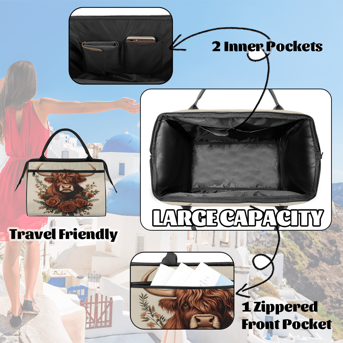Herdesigns Cow Weekender Travel Duffel Bag Flower Cow Carry On Overnight Gym Hospital Bag Personal Item Travel Bag