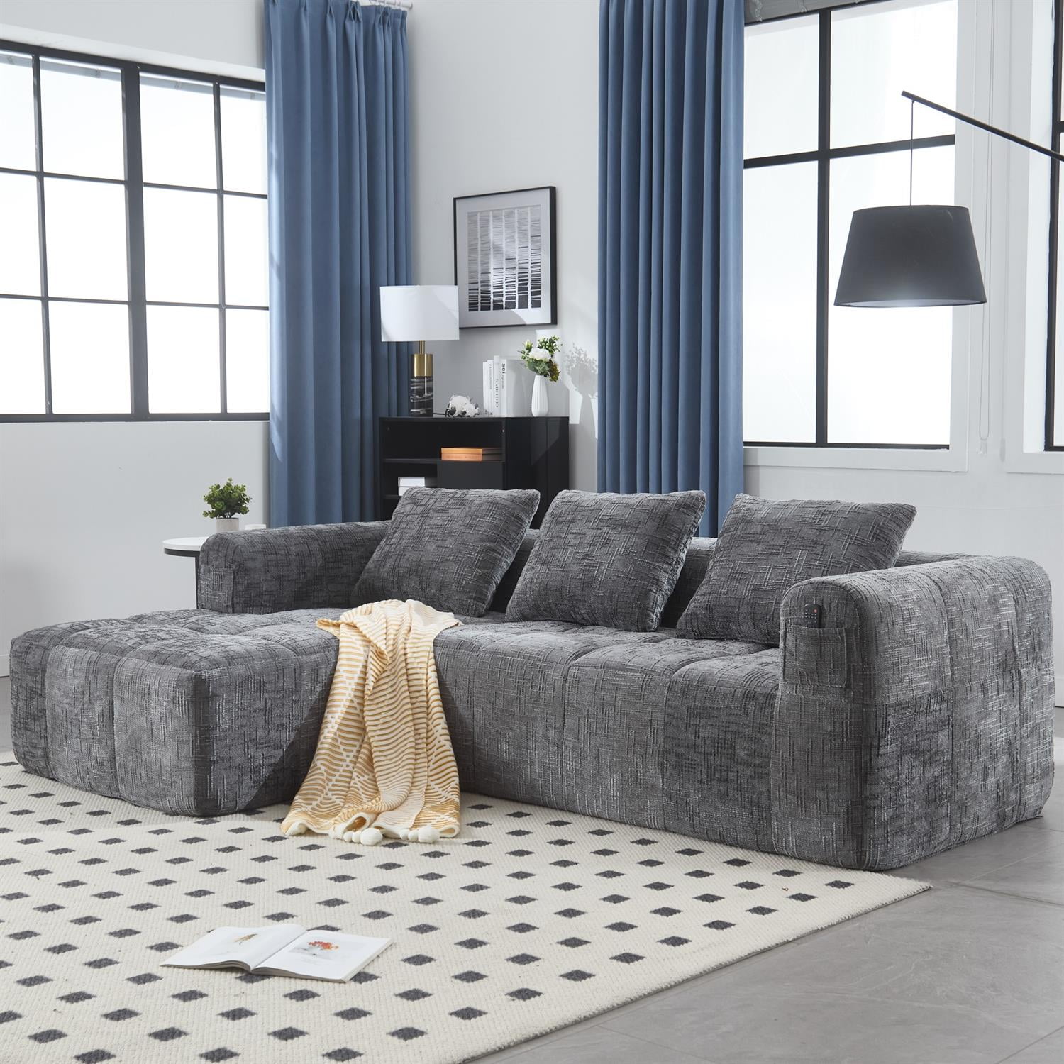 Demi Bonn 98" L-Shaped Modular Sectional Sofa with Chaise, Side Pockets, Modern Comfort Couch, Compression-Free Installation for Living Room, Gray