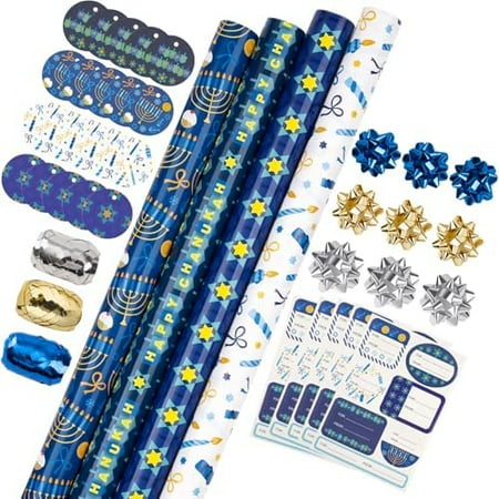 Hanukkah Wrapping Paper Set - Menorahs, the Star of David, Candles Design Chanukah Wrapping Paper Bundle with Gift Bow & Ribbon & Tag & Sticker