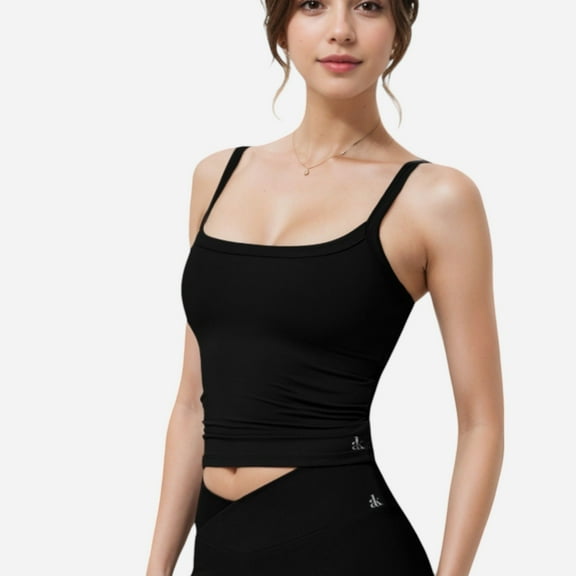 Active Women's Square Neck Tank Top with Spaghetti Straps - Medium, Black