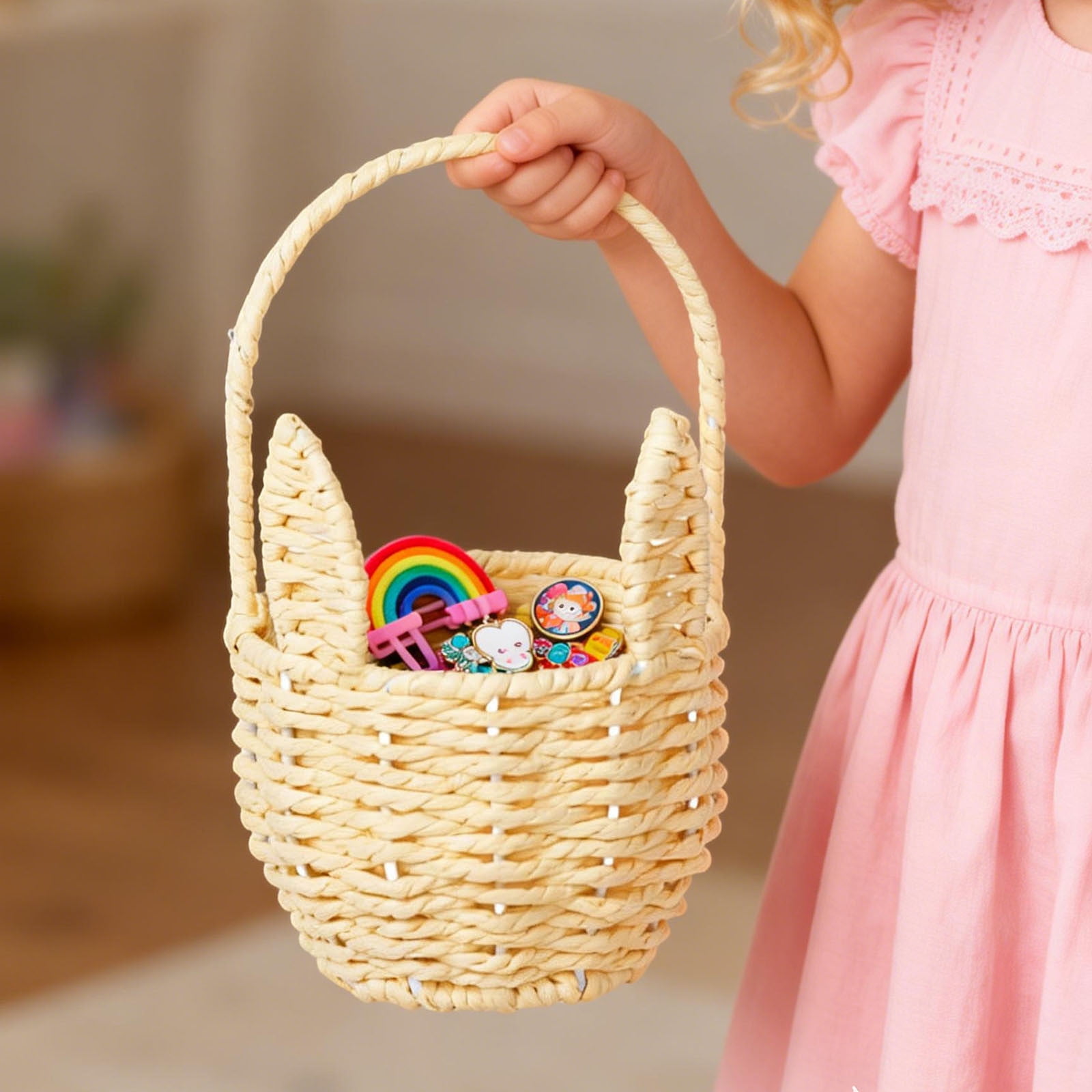Woven Easter Bunny Basket, Handwoven Storage Basket with Handle, Cute Rabbit Shaped Basket for Baby Shower Party Favors, Nursery Organizer & Picnic
