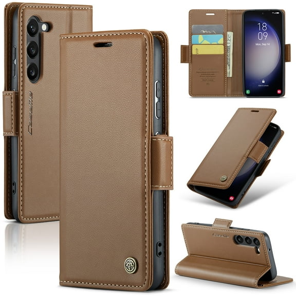 SaniMore Case for Samsung Galaxy S23 (6.1" 2023), [3 Card Holder] Slots Folio PU Leather Skin, [RFID Blocking] Stand Flip Case with [TPU Shockproof Interior Phone Cover], Brown
