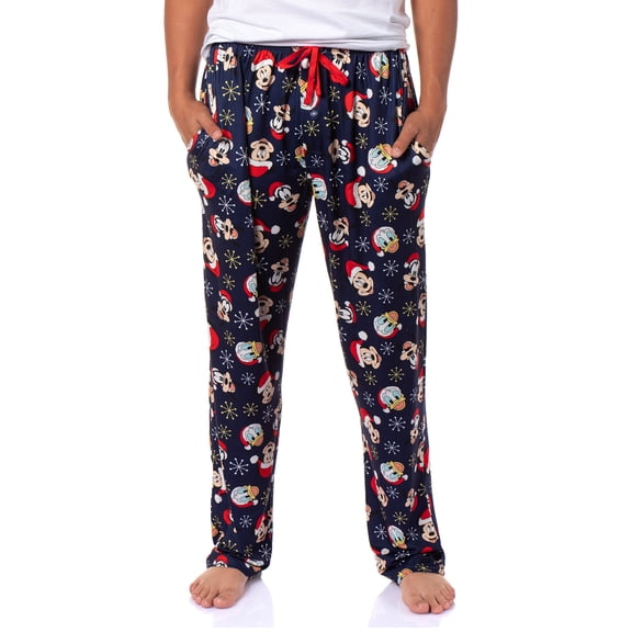 Disney Men's Mickey and Friends Santa Hat AOP Holiday Design Adult Lounge Sleep Pajama Pants with Elastic Waistband
