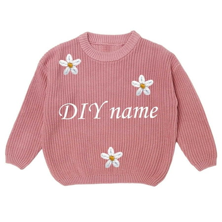 Cnbwig Trendy Sweaters Kids Tops Baby Crew Neck Letter Floral Knitted Long Sleeve Crew Neck Sweater Girl Pullover Loose Tops Fall Kids Sweaters Daily Coats A-Pink 7-8 T