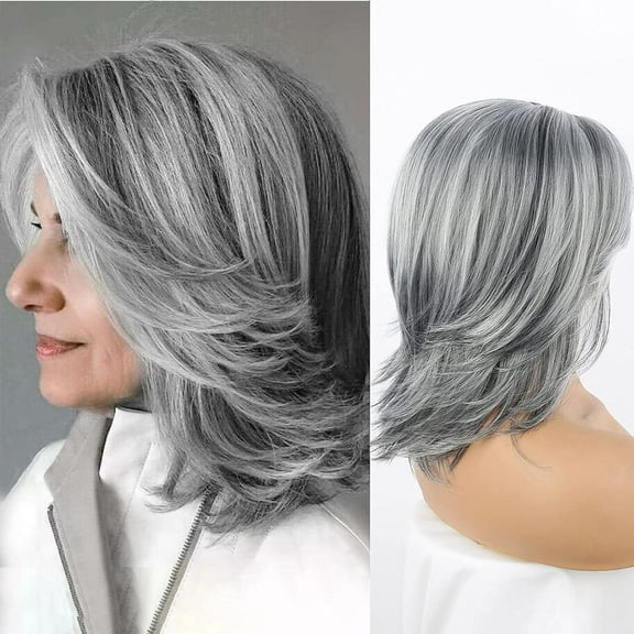 Grey Layered Wig Mix Gray and Black Natural Wave Hair Wigs for Women Shoulder Length Silver Wavy Wigs with Curtain Bangs Wigs 14inch Short Layered Gray Wig Short Synthetic Wigs for Black Wom