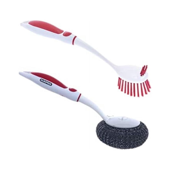 Dish Washing Vegetable Brush Scrubber with Stainless Steel Grill Brush, Scourer Sponge Brush Set with Long Handle and Rubber Grip, Non-Scratch, Kitchen Cleaning Set (2 Pack, Red)
