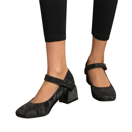 Oyedens Womens Block High Heels Vintage Square Toe Mary Jane Shoes Ballet Flats Dress Shoes