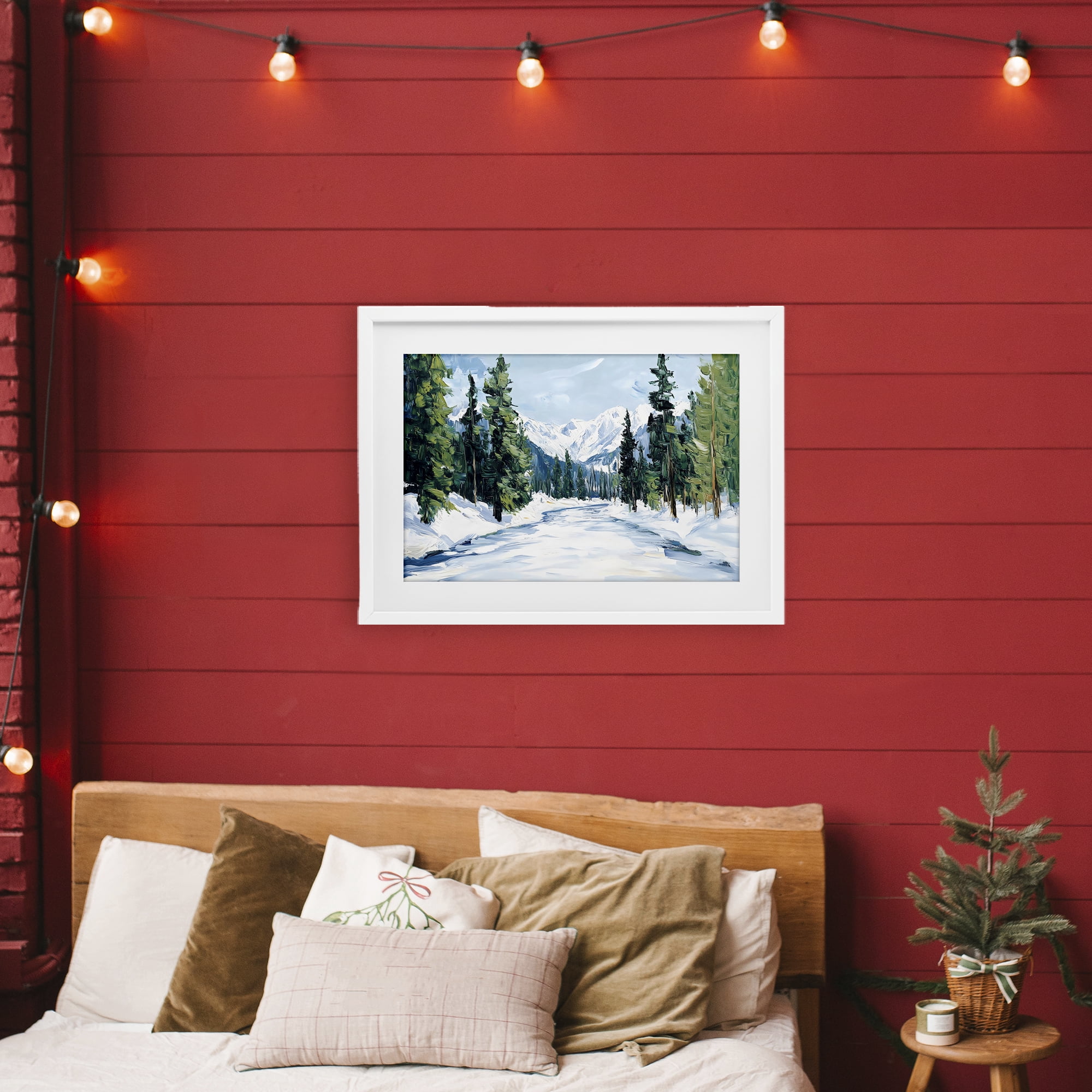 Snowy Tall Tree Pass White Framed Print Under Glass, design by Petal Prints Design