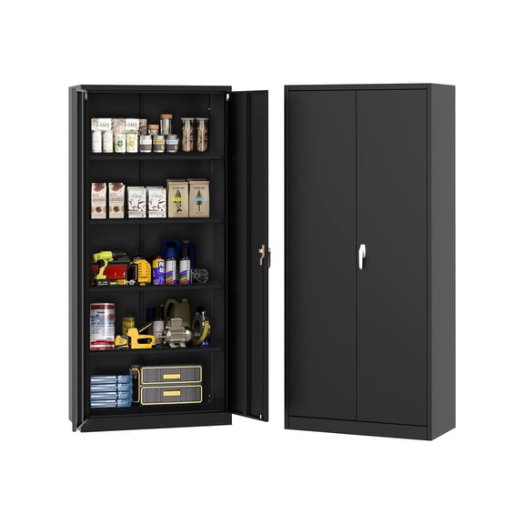 AOILE 71" H Metal Garage Storage Cabinet with Lock and Doors, Steel Tool Cabinet with 4 Adjustable Shelves, Black, for Home, Garage, Office, Shop