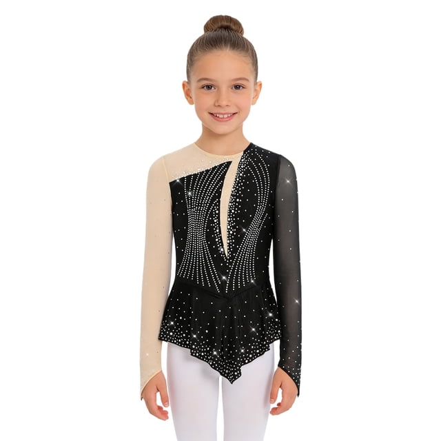Runhomal Kids Girls Sparkly Rhinestones Figure Ice Skating Dress Long Sleeve Color Block Gymnastics Ballet Dance Dress Black 8