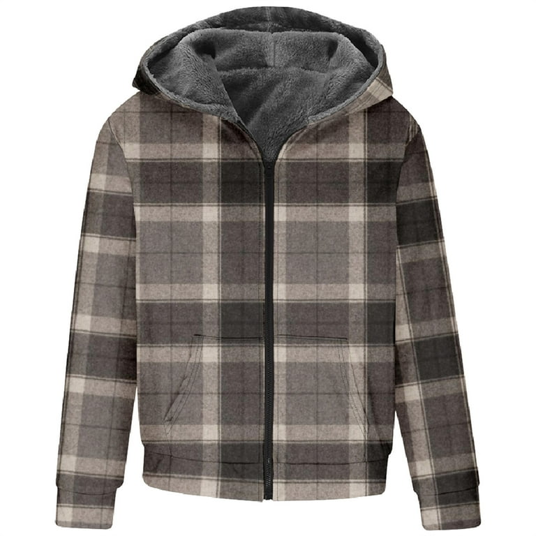 VSSSJ Men s Plaid Fleece Lined Coats Plus Size Fashion Zip Up Long Sleeve Hoodie Coat Winter Thicken Comfortable Thermal Windproof Jackets Black01 L Walmart