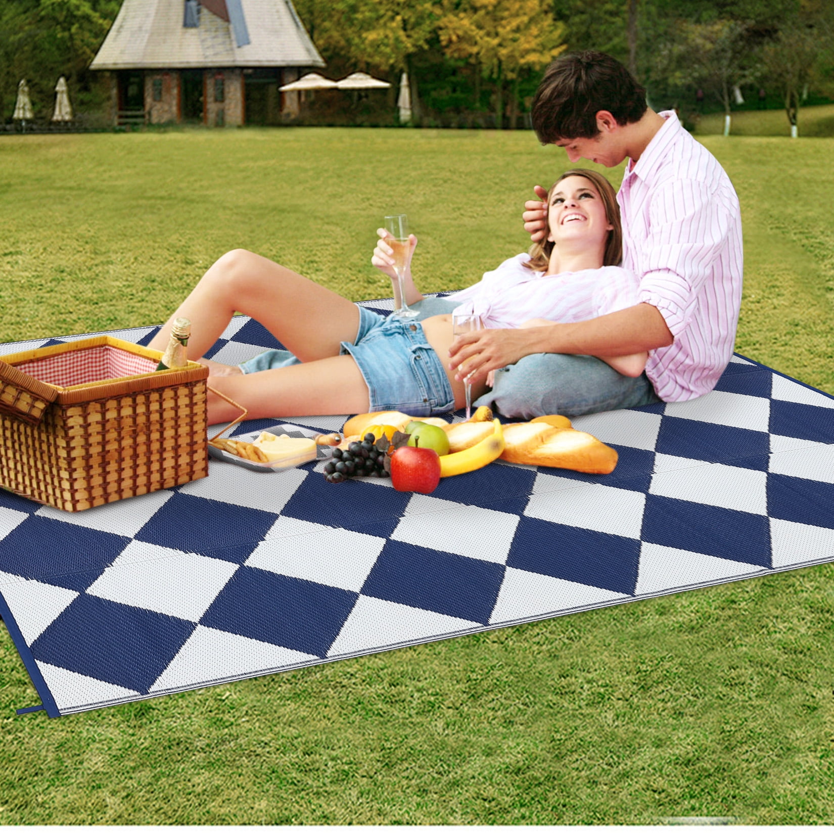 FairOnly 9'x12'Dark Blue Modern Washable Area Rug Geometric Reversible Waterpoof Rugs for Camping Picnic