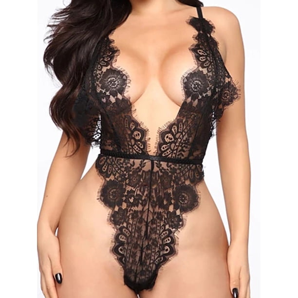 VISgogo Overol ajustado para mujer, Body negro transparente sin mangas con escote en V profundo, S/ M/ L/ XL VISgogo moda