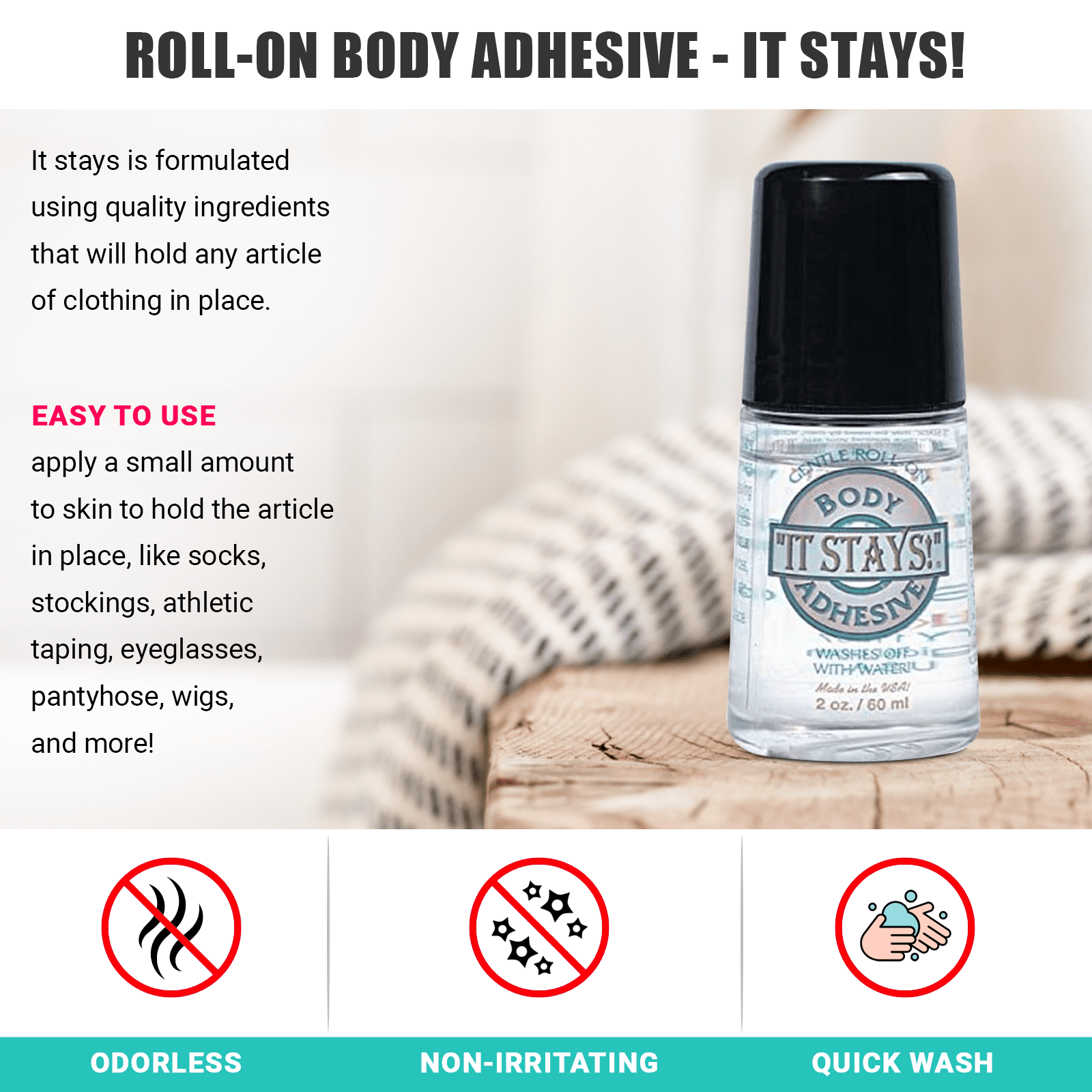 Hold Up Body Adhesive Premium, Roll-On Applicator Mask Glue, Glue for  Compression Socks,Stockings,Costumes,Clothing - Sweat Resistant - 2 oz.  Bottle 