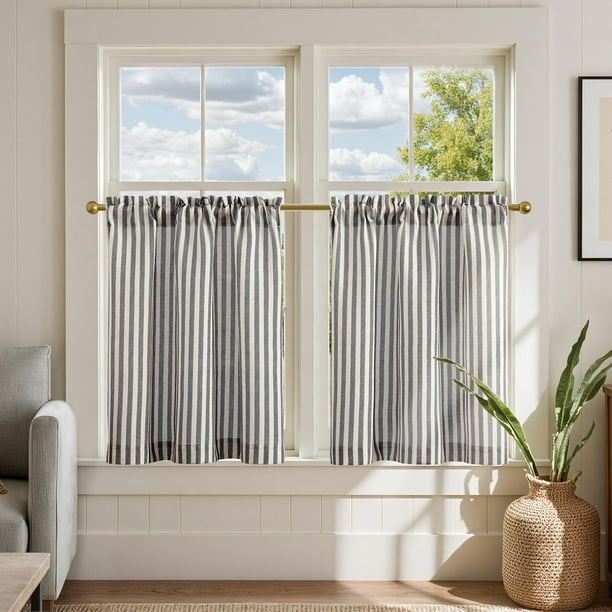 Cortinas Jinchan de lino para cocina, 60 cm de longitud, a rayas, 2 paneles