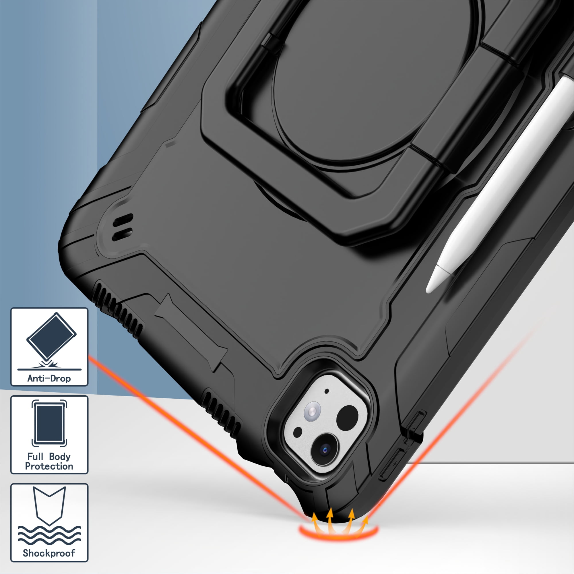 Allytechgroup Shockproof Case for Apple iPad Pro 11 Inch 2024 M4, with Shoulder Strap Pencil Holder Rotating Stand Handle Kids Friendly Heavy Duty Protection Cover for iPad Pro 11" 2024,Black