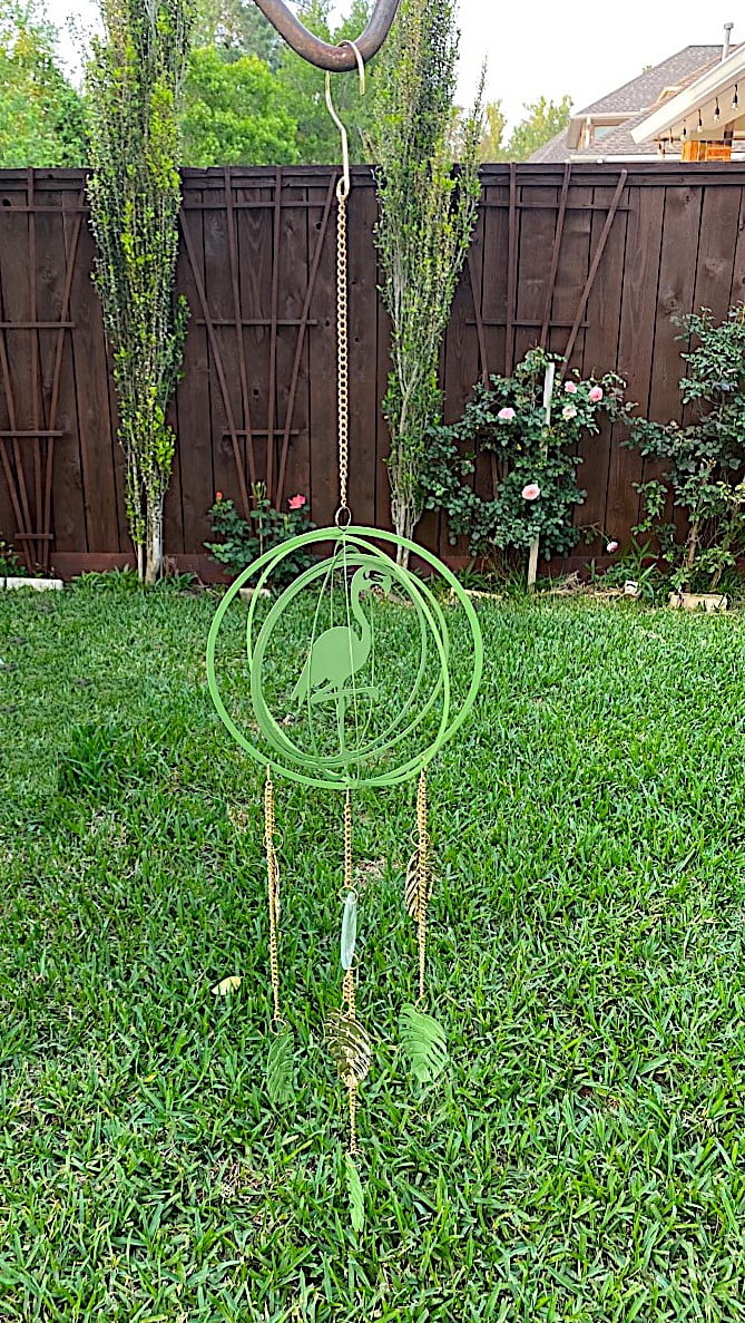 Wind Chime Flamingo Green & Gold 3D Sculpture Spinner Metal Hanging Decorations Ornaments Outdoor Lawn Yard Garden 31"
