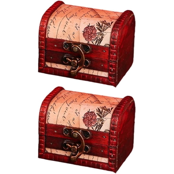 2PCS Treasure Chest Wooden Rings Case Stamp Pattern Vintage Jewelry Boxes 3.15×2.56×2.36 Inch Wood Pirate Keepsakes Box Storage Decorative with Mini Metal Lock for Women Jewelry Storage