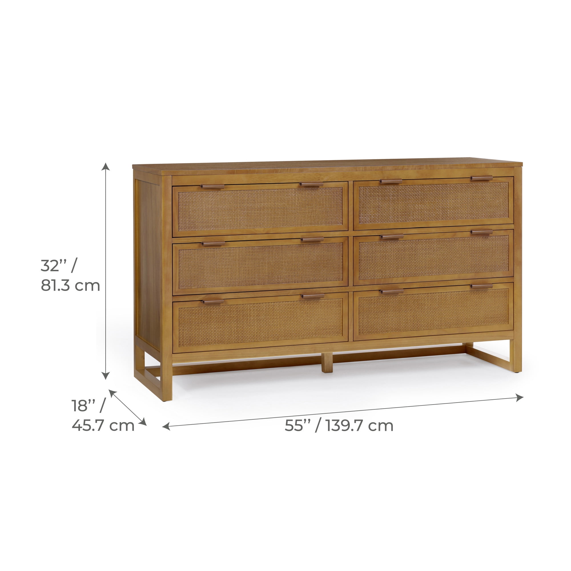 Teamson Home Hatteras Dresser with 6 Rattan Inset Drawers, Faux Leather Pulls & Deep Storage - Natural