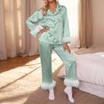 thumbnail image 2 of Women's Silk Pajamas Fuzzy Feather Trim Button Down Long Sleeve Shirt Pants Womens Two Piece Lounge Set Woman Pajamas, 2 of 4