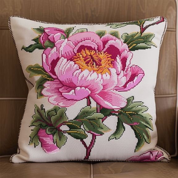 Peony Stamped Cross Stitch Pillow Case Kits for Adults , 45X45cm , Needlepoint Craft Set Handmade Craft for Sofa Home Decor (11 Count)